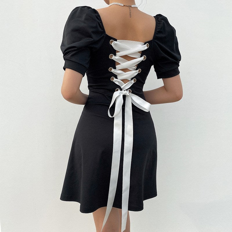 Robe femme à manches courtes bulle avec bretelles dos élégantes - Style tendance