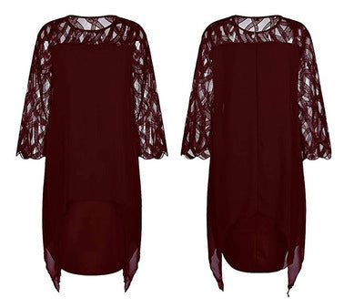 Robe en Chiffon et Dentelle à Ourlet Irrégulier – Manches 7 Minutes – Style Romantique