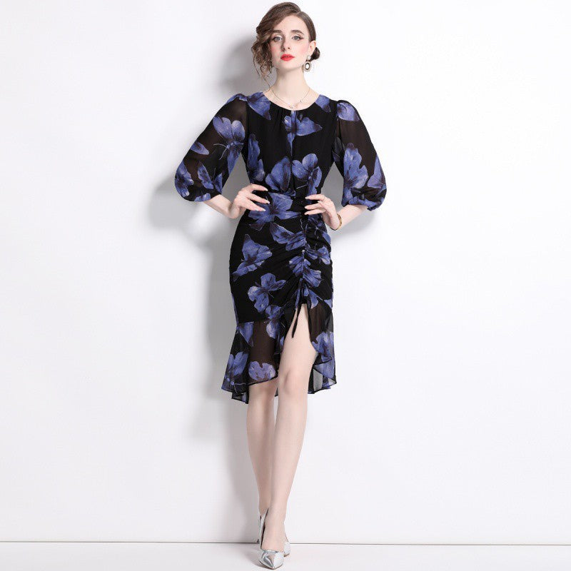 Robe Évasée à Fleurs Style Sirène avec Manches Lanternes et Plissée