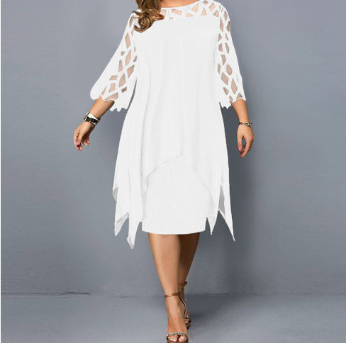 Robe en Chiffon et Dentelle à Ourlet Irrégulier – Manches 7 Minutes – Style Romantique