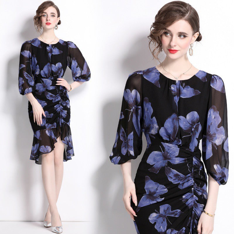 Robe Évasée à Fleurs Style Sirène avec Manches Lanternes et Plissée