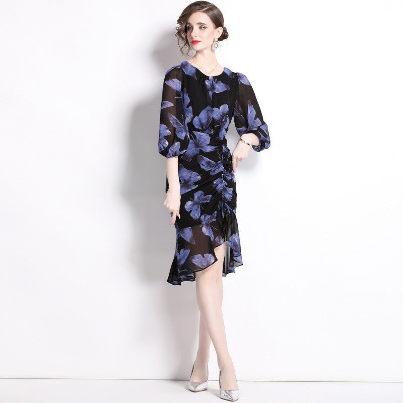Robe Évasée à Fleurs Style Sirène avec Manches Lanternes et Plissée