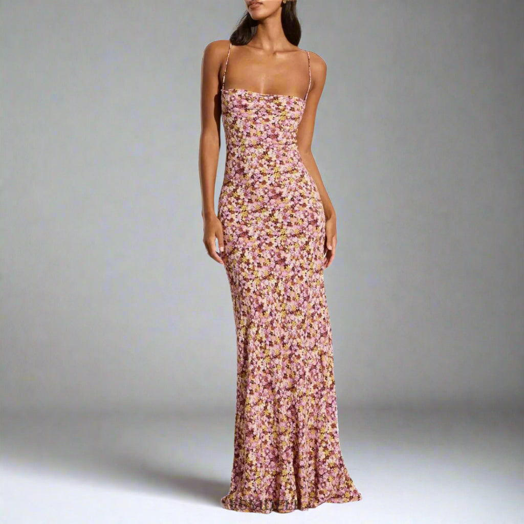 Robe Fendue à Bretelles Imprimée Dos Nu à Lacets pour Femme