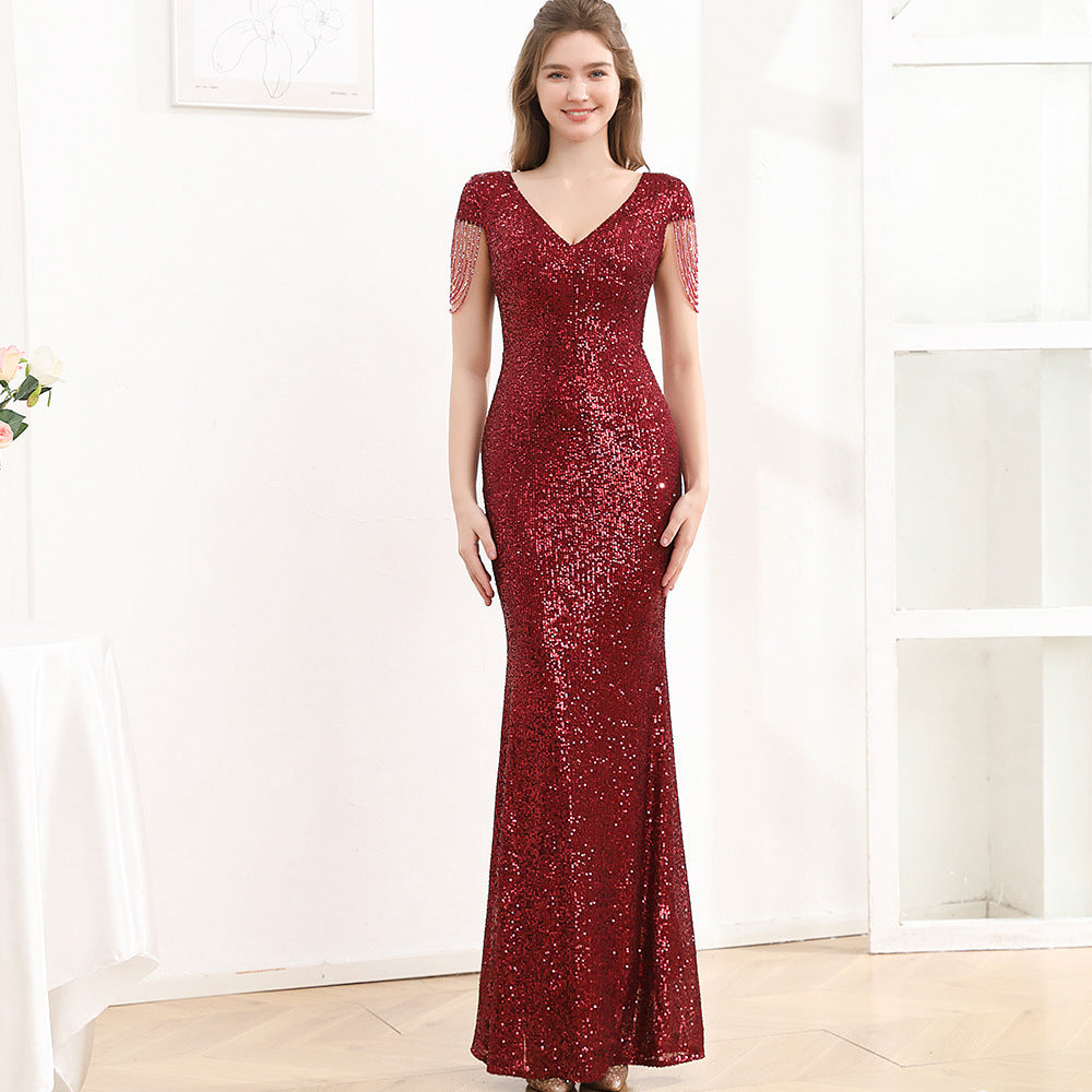 Robe Longue Slim Pailletée à Manches Courtes – Élégance Scintillante pour Femme ✨