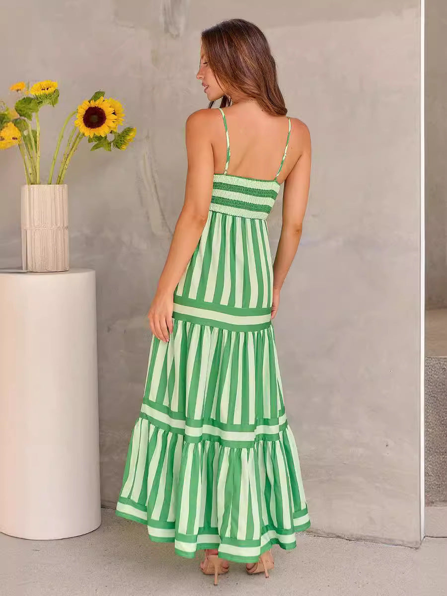 Robe Longue d'Été à Bretelles Imprimée à Rayures avec Poches – Mode, Col Carré, Dos Nu