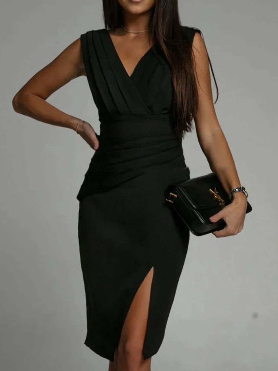 Robe d'été taille haute fendue sans manches à col en V