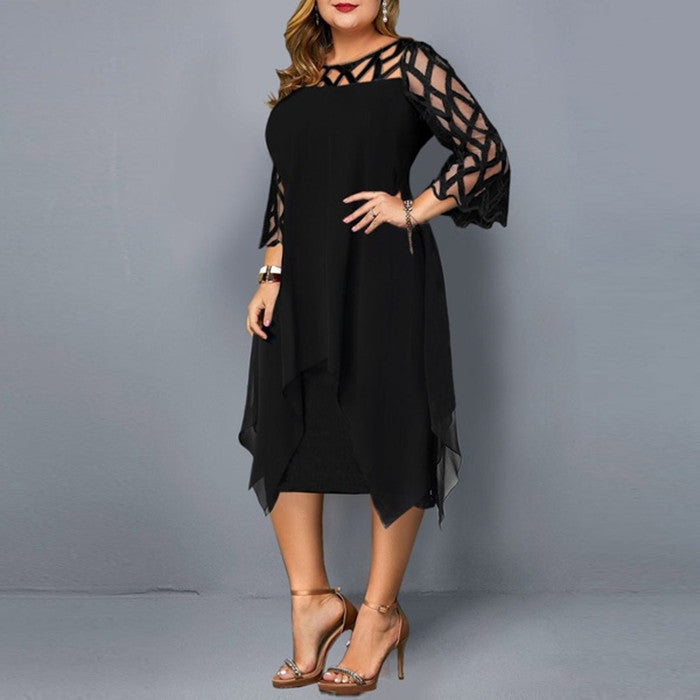 Robe en Chiffon et Dentelle à Ourlet Irrégulier – Manches 7 Minutes – Style Romantique