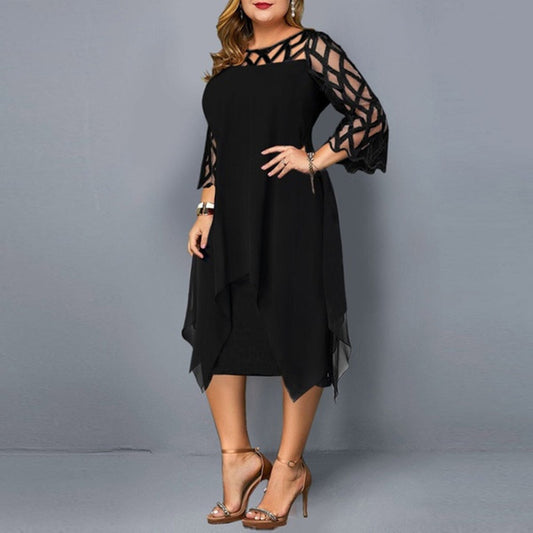 Robe en Chiffon et Dentelle à Ourlet Irrégulier – Manches 7 Minutes – Style Romantique