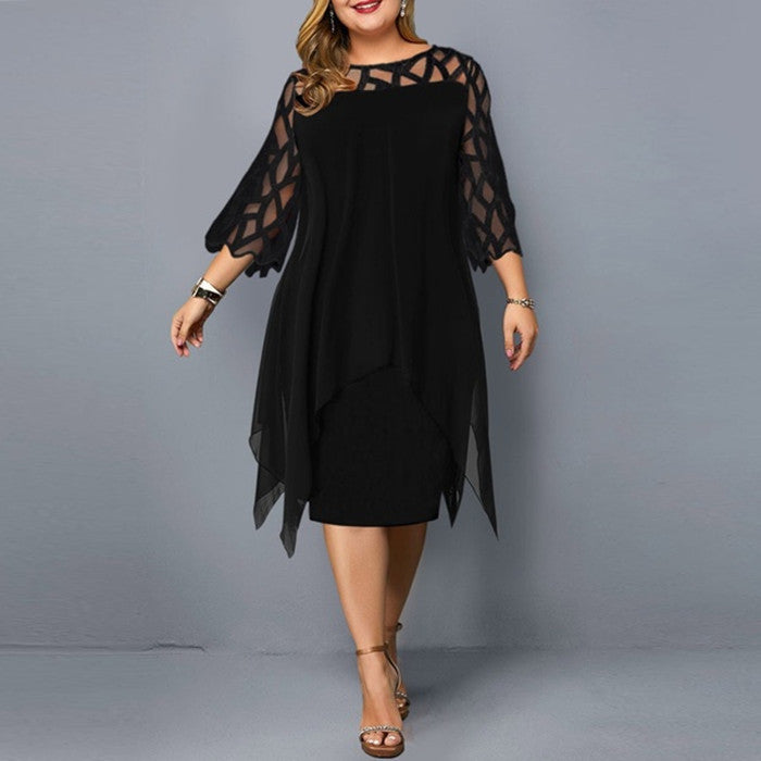 Robe en Chiffon et Dentelle à Ourlet Irrégulier – Manches 7 Minutes – Style Romantique