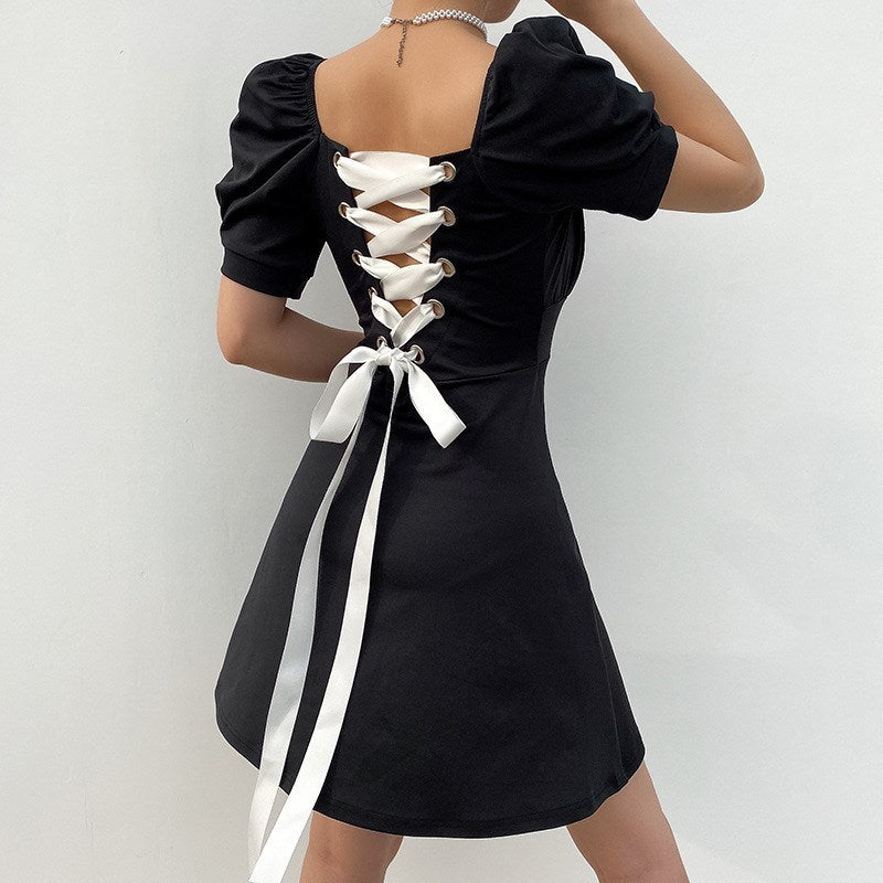 Robe femme à manches courtes bulle avec bretelles dos élégantes - Style tendance