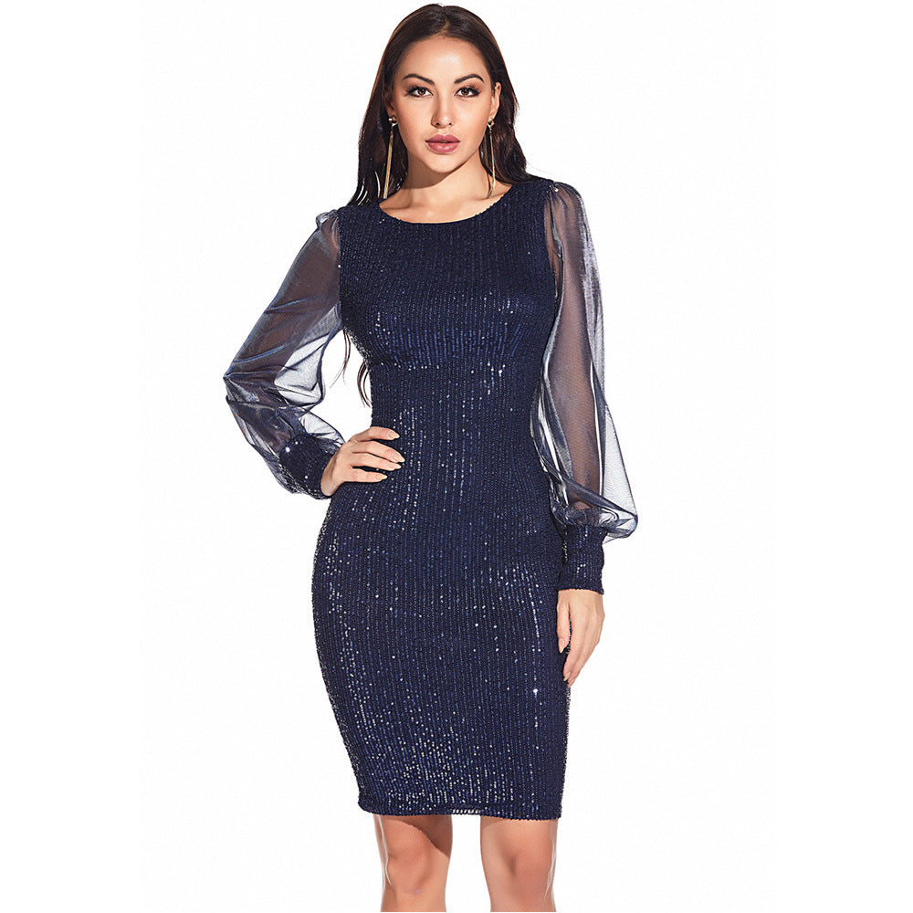 Robe femme sexy manches longues en dentelle ajourée à paillettes - Style décontracté