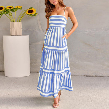 Robe Longue d'Été à Bretelles Imprimée à Rayures avec Poches – Mode, Col Carré, Dos Nu
