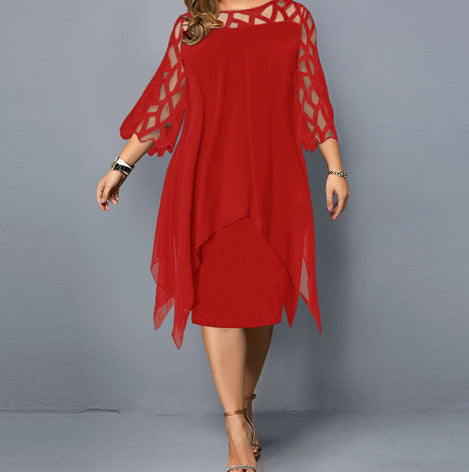 Robe en Chiffon et Dentelle à Ourlet Irrégulier – Manches 7 Minutes – Style Romantique