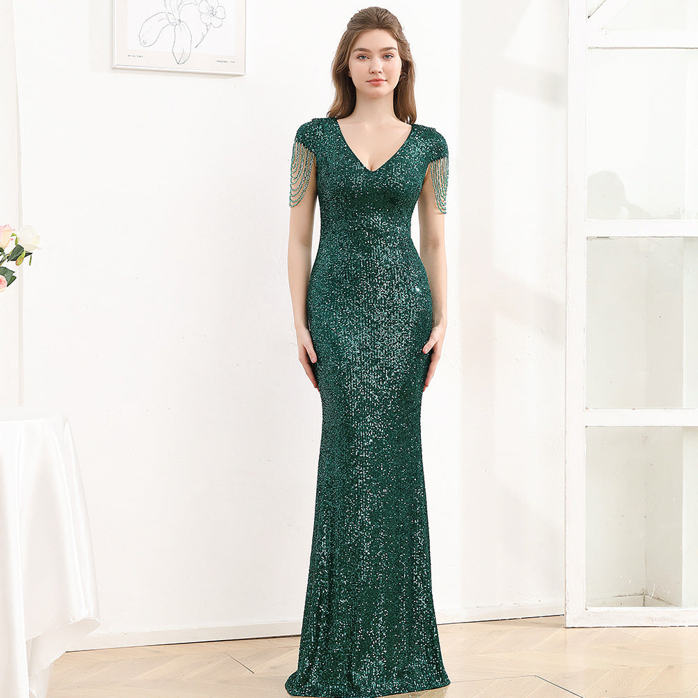 Robe Longue Slim Pailletée à Manches Courtes – Élégance Scintillante pour Femme ✨