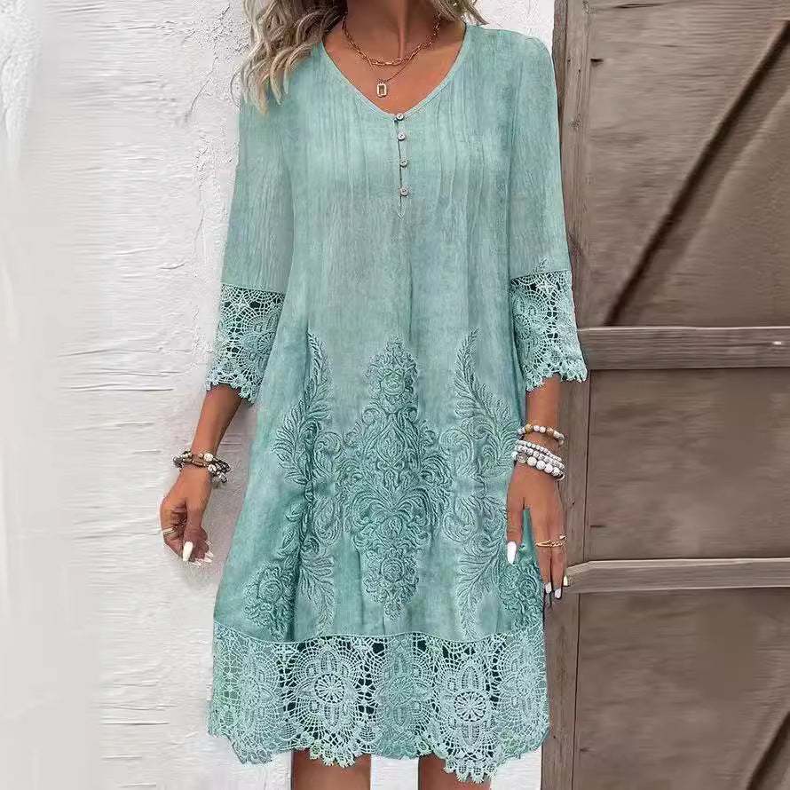 Robe d’Été en Dentelle Fleurie – Élégance Décontractée & Couleur Unie 🌸