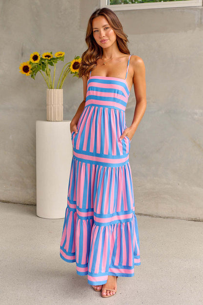 Robe Longue d'Été à Bretelles Imprimée à Rayures avec Poches – Mode, Col Carré, Dos Nu