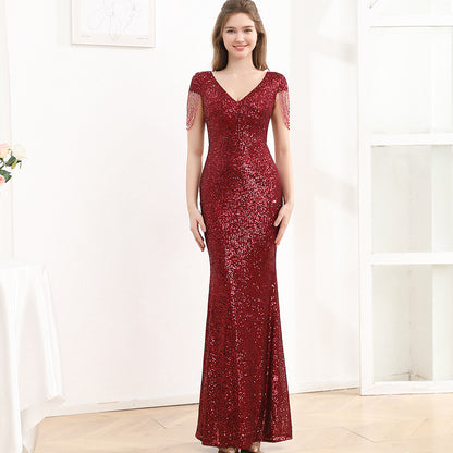 Robe Longue Slim Pailletée à Manches Courtes – Élégance Scintillante pour Femme ✨
