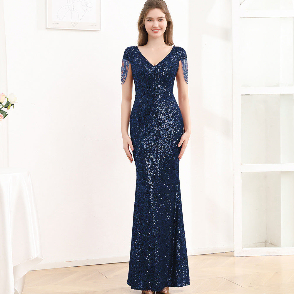 Robe Longue Slim Pailletée à Manches Courtes – Élégance Scintillante pour Femme ✨