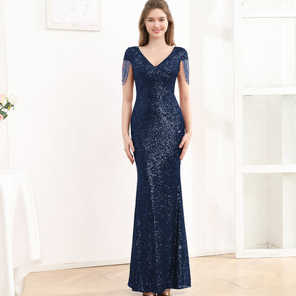 Robe Longue Slim Pailletée à Manches Courtes – Élégance Scintillante pour Femme ✨