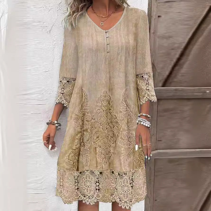 Robe d’Été en Dentelle Fleurie – Élégance Décontractée & Couleur Unie 🌸