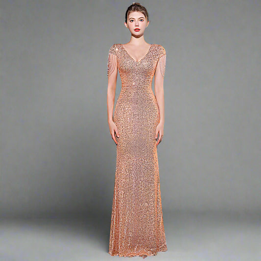 Robe Longue Slim Pailletée à Manches Courtes – Élégance Scintillante pour Femme ✨