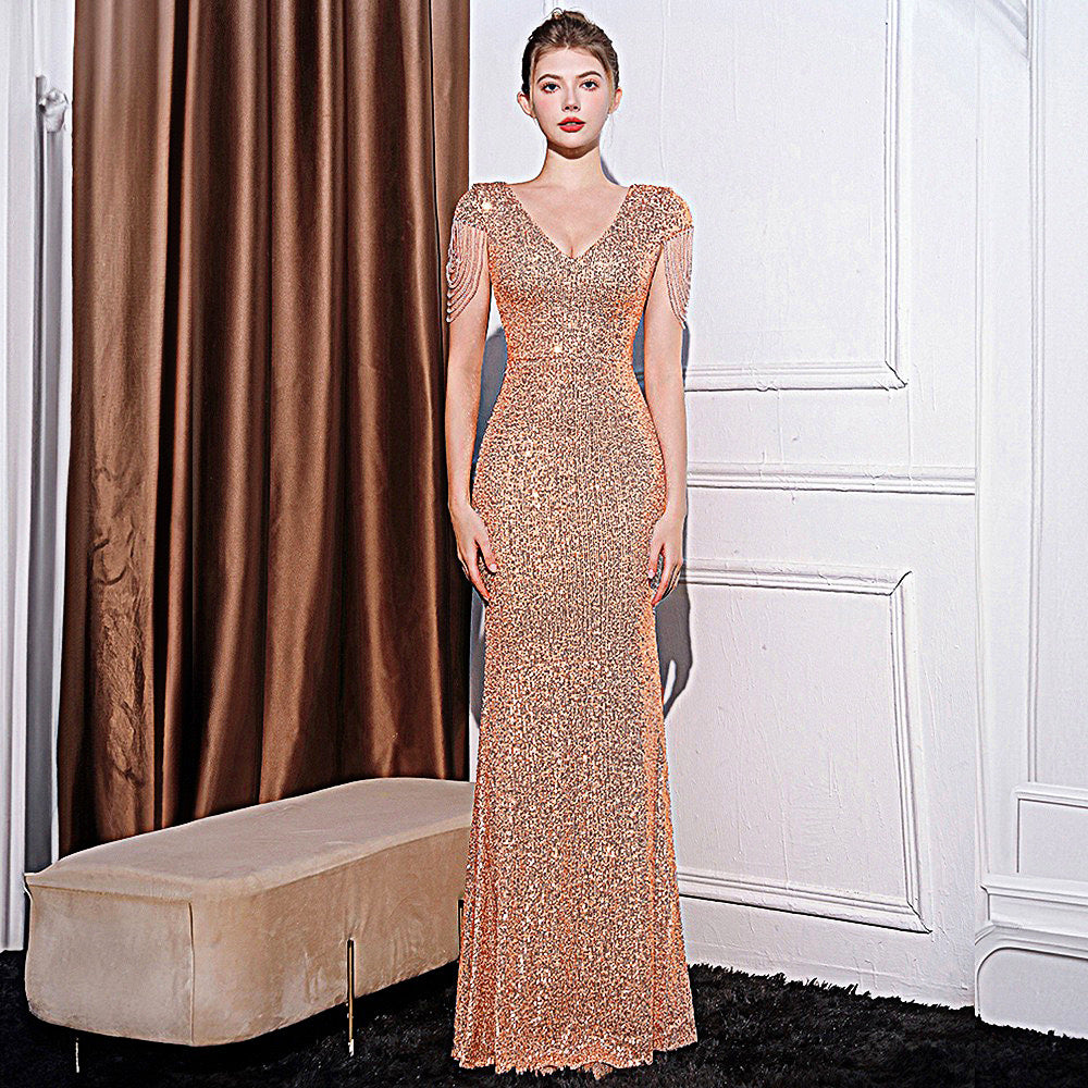 Robe Longue Slim Pailletée à Manches Courtes – Élégance Scintillante pour Femme ✨