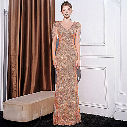 Robe Longue Slim Pailletée à Manches Courtes – Élégance Scintillante pour Femme ✨