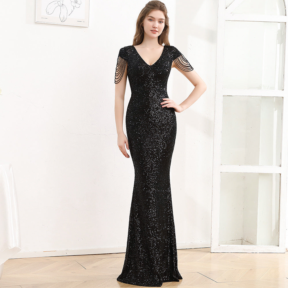 Robe Longue Slim Pailletée à Manches Courtes – Élégance Scintillante pour Femme ✨