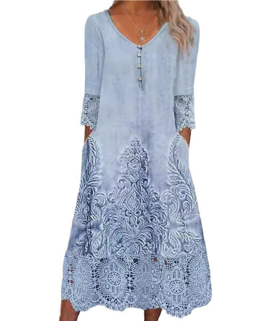 Robe d’Été en Dentelle Fleurie – Élégance Décontractée & Couleur Unie 🌸