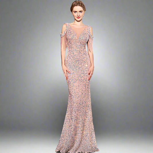 Robe Longue Sirène à Sequins – Coupe Slim Éclatante et Élégante ✨
