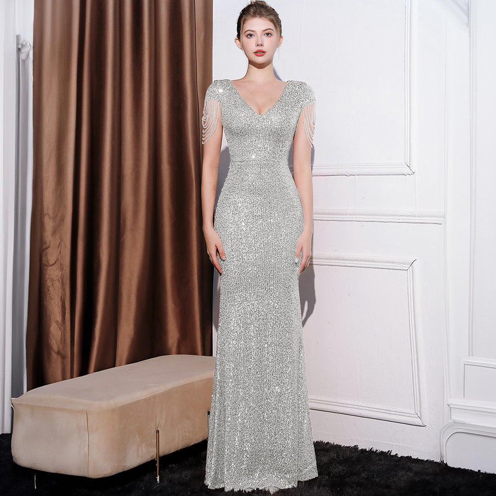 Robe Longue Slim Pailletée à Manches Courtes – Élégance Scintillante pour Femme ✨