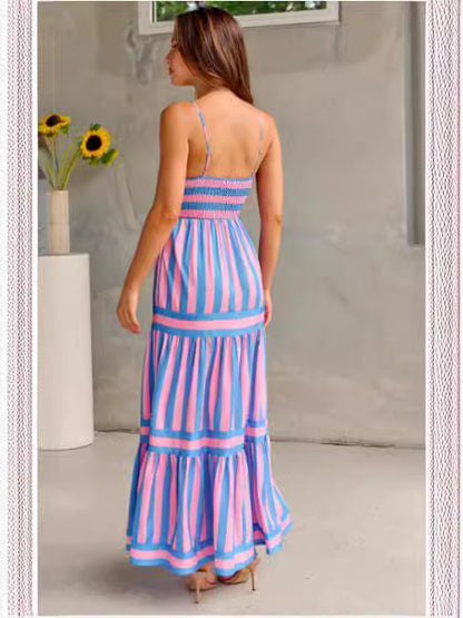 Robe Longue d'Été à Bretelles Imprimée à Rayures avec Poches – Mode, Col Carré, Dos Nu